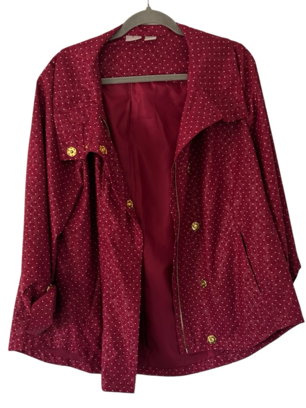 Maroon Pink Polka Dot Design Jacket Coat Chicos Gold Detail Women’s Size 3 (XL)!